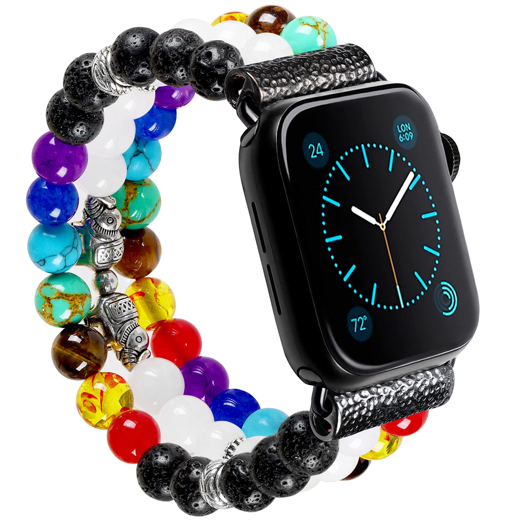 7 Chakra Healing Bracelet Lava Rock Lucky Elephant Beaded Band Compatible with Apple Watch 10 9 8 7 SE 6 5 4 3 Elastic Strap for iwatch 38mm 40mm 42mm 44mm for Men L