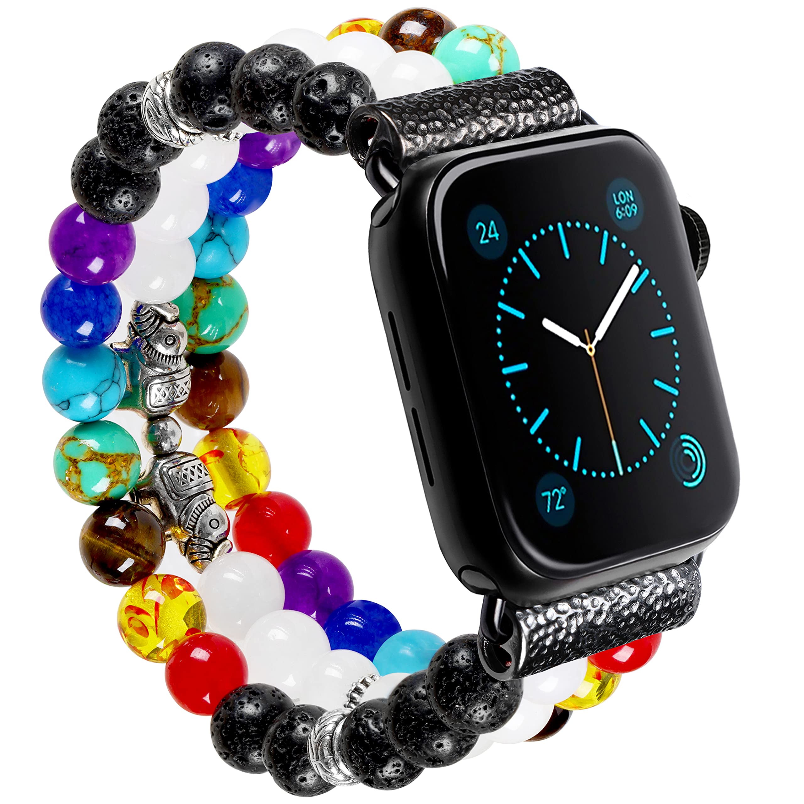7 Chakra Healing Bracelet Lava Rock Lucky Elephant Beaded Band Compatible with Apple Watch 10 9 8 7 SE 6 5 4 3 Elastic Strap for iwatch 38mm 40mm 42mm 44mm for Men L