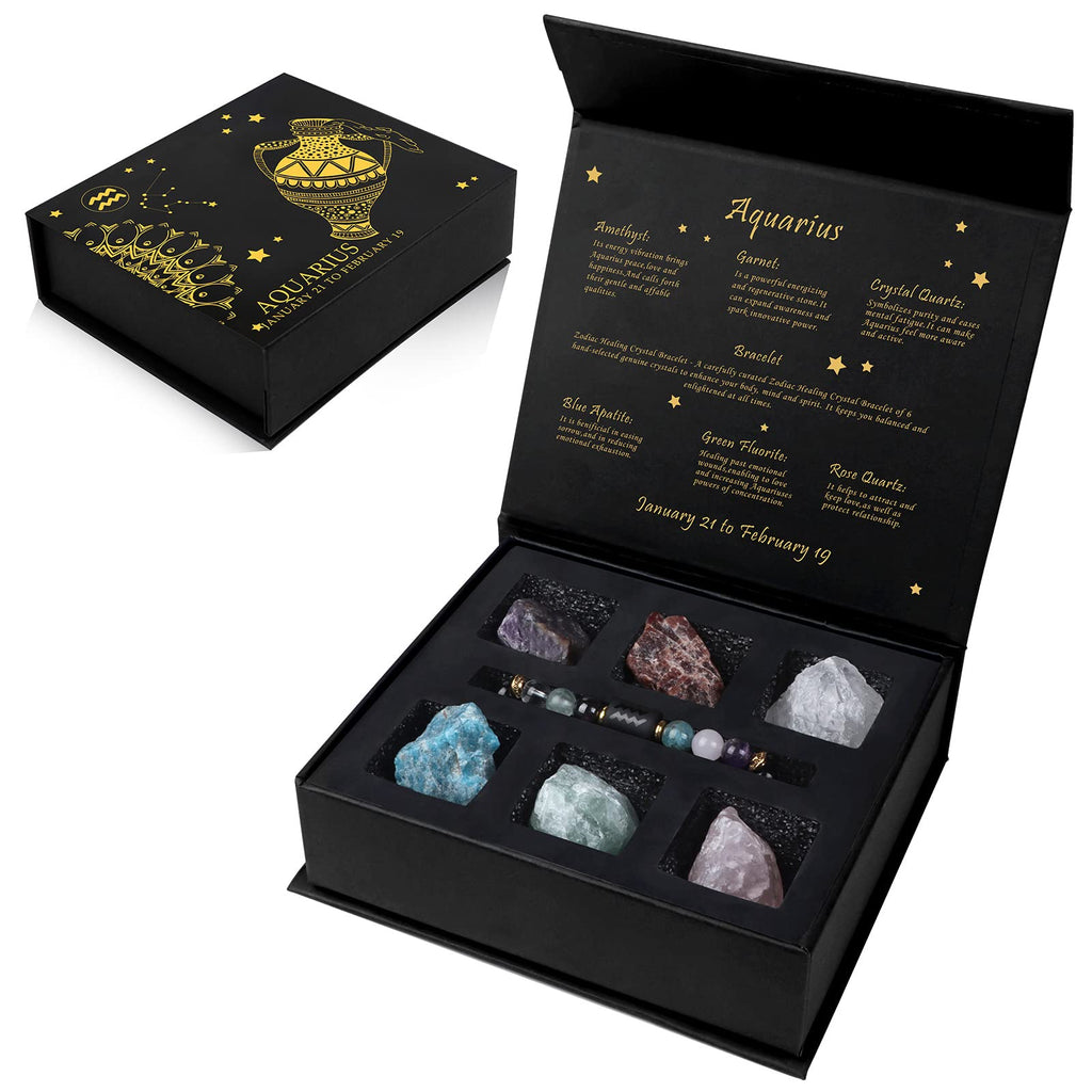 Aquarius Crystals Gift Set Zodiac Signs Healing Crystals Birthstones with Horoscope Box Set Aquarius Astrology Crystal Bracelet Healing Stones Gifts