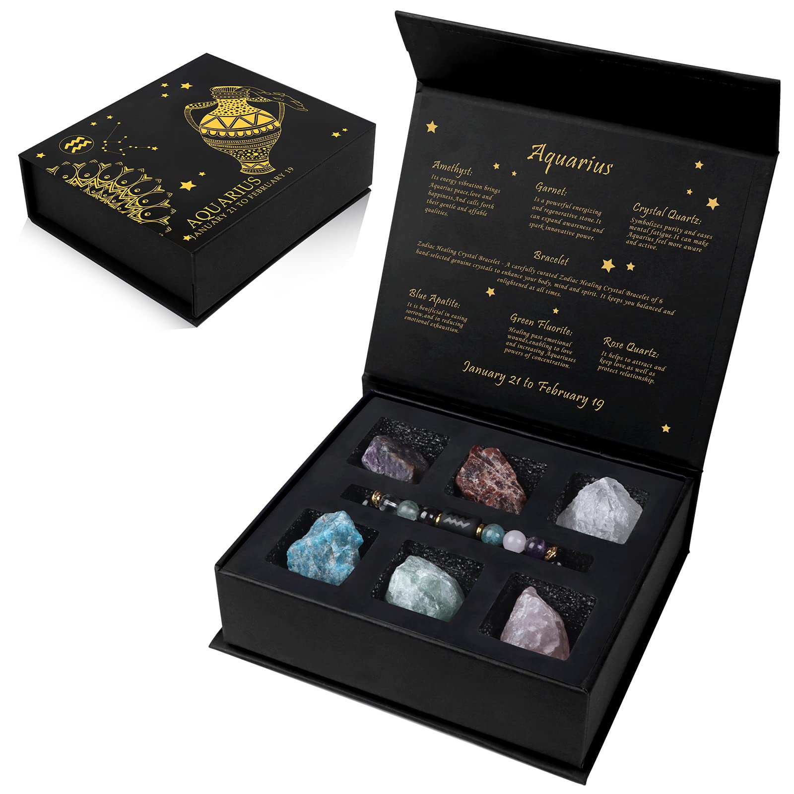 Aquarius Crystals Gift Set Zodiac Signs Healing Crystals Birthstones with Horoscope Box Set Aquarius Astrology Crystal Bracelet Healing Stones Gifts