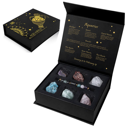 Aquarius Crystals Gift Set Zodiac Signs Healing Crystals Birthstones with Horoscope Box Set Aquarius Astrology Crystal Bracelet Healing Stones Gifts