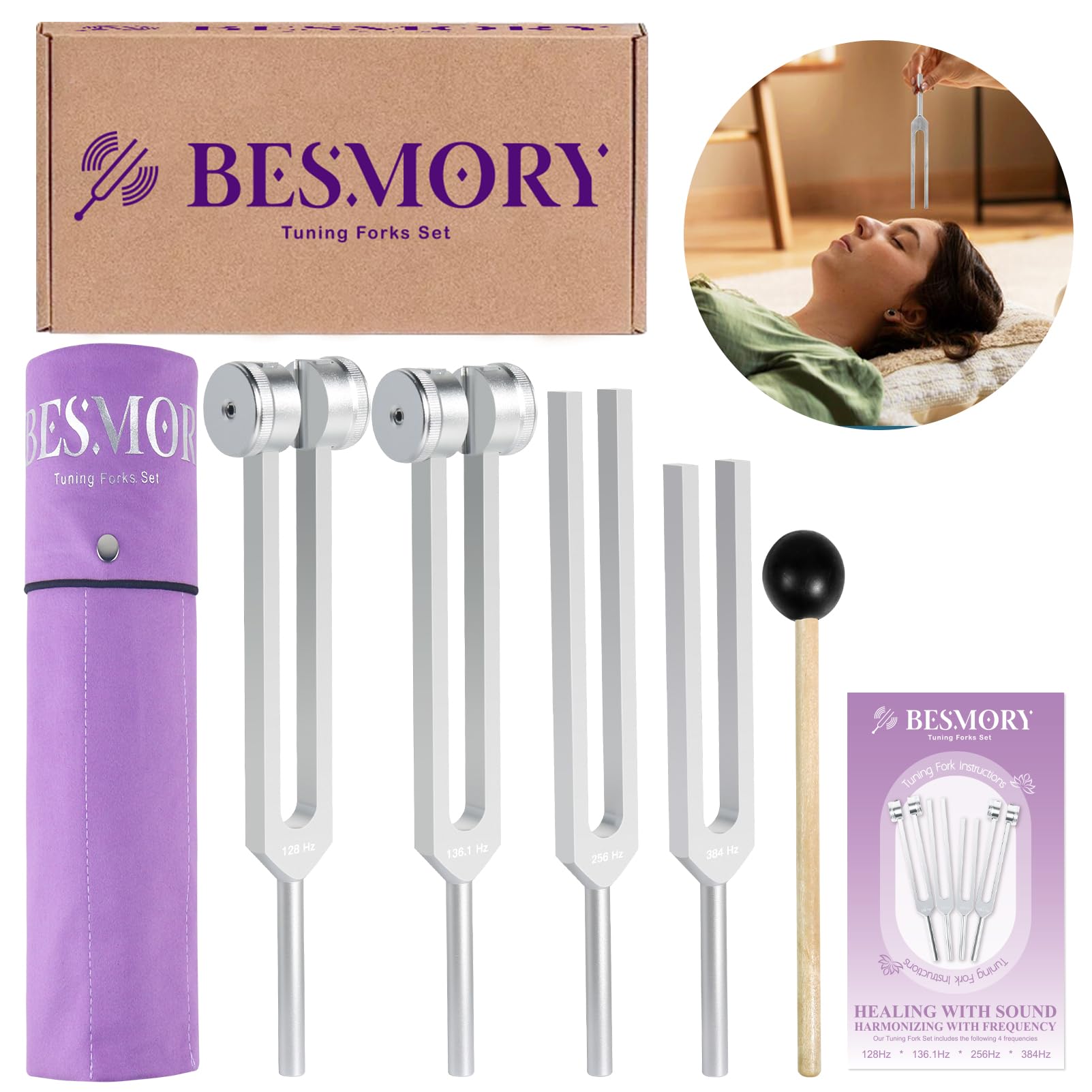 Tuning Forks for Healing Set (128HZ 136.1HZ 256HZ 384HZ) Tuning Fork with Reflex Hammer 4-Piece Set for Chakras/Sound Therapy/Healing/Medicine A Good Gift for Women Meditation Beginner (Silvery)