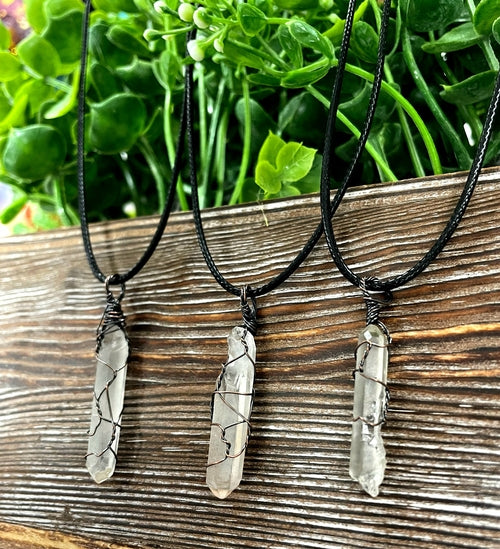 Wire Wrapped Clear Quartz Crystal Gemstone Pendant,
