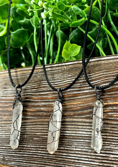 Wire Wrapped Clear Quartz Crystal Gemstone Pendant,