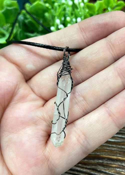 Wire Wrapped Clear Quartz Crystal Gemstone Pendant,
