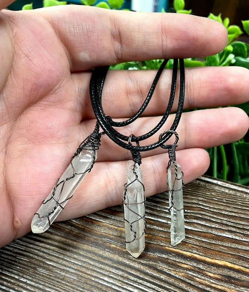 Wire Wrapped Clear Quartz Crystal Gemstone Pendant,